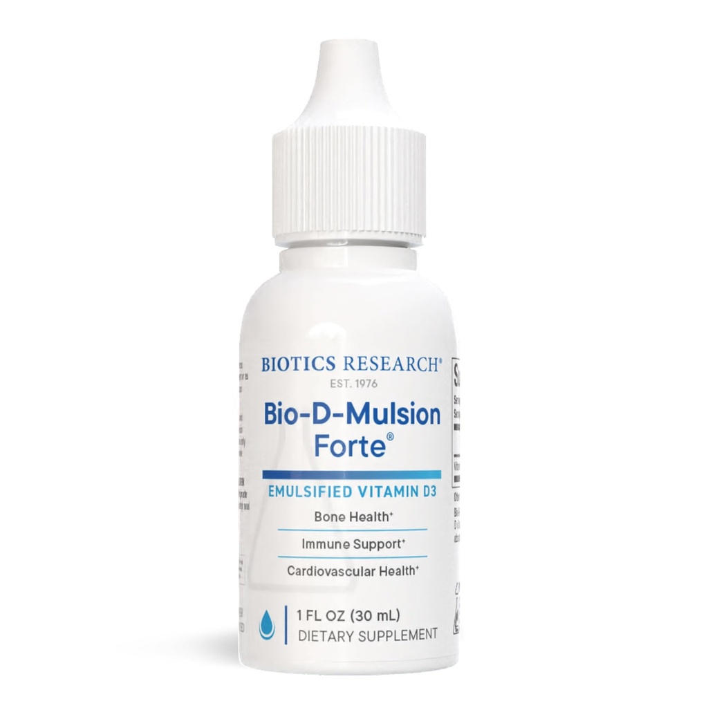 Biotikas pētījumi Bio-D-Mulsion Forte Šķidrais D vitamīns D pilieni 4000 SV – D3 vitamīns 2000iu /Drop pieaugušajiem – Labākā absorbcija, Nostiprina kaulus, atbalsta sirds un asinsvadu un imūno sistēmu -1 fl oz