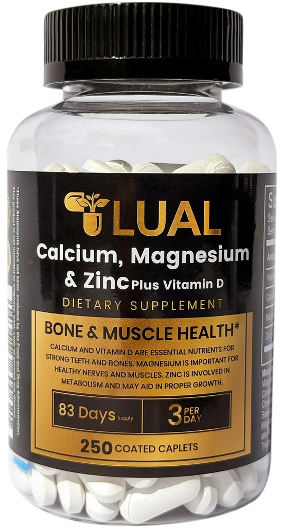 LUAL kalcijs, magnijs, cinks un D3 vitamīns Kalcijs, magnijs un cinks Plus vitamīns D3 Caplets Diētiskais papildinājums, 250 Skaits