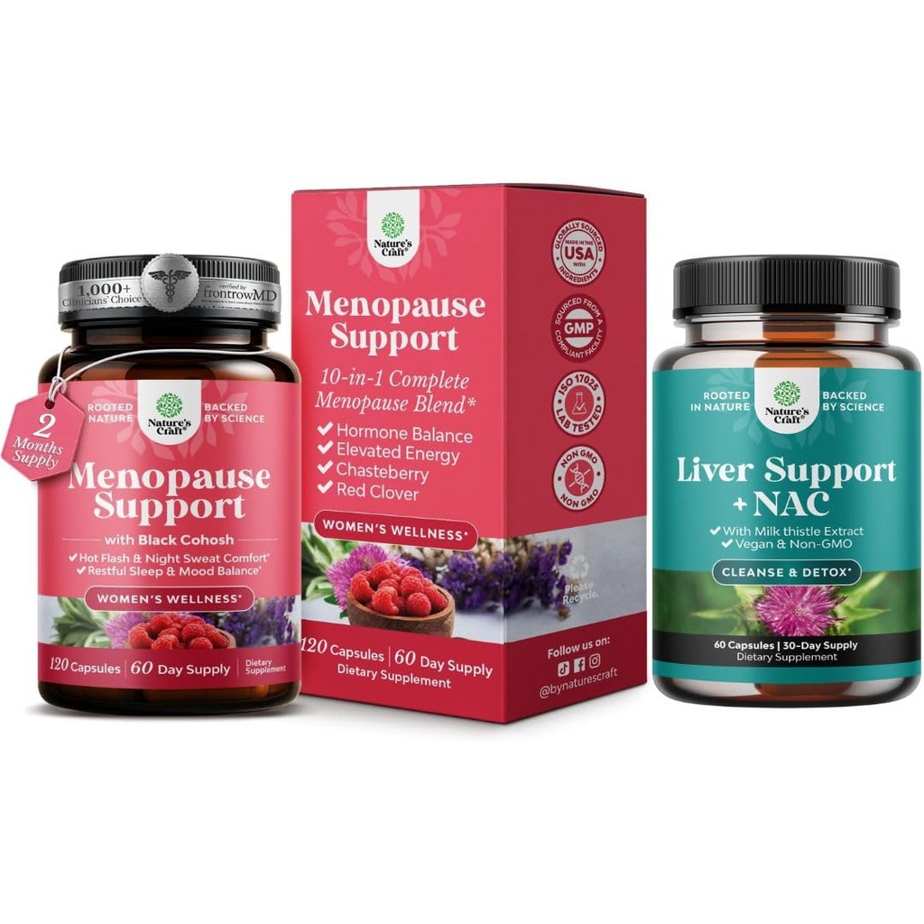 Bandle of Total Menopause Papildinājums ar Dong Quai Vitex Chaste Berry & Black Cohosh dabas hormonu atbalstu un aknu atbalsts NAC Papildinājums ar piena Thistle aknu tīrīt Detox & remonts