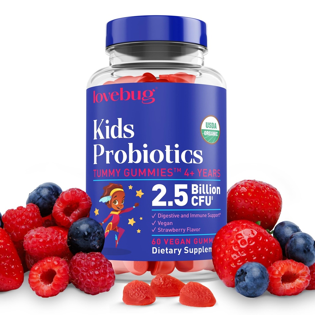 LOVEBUG bērnu probiotikas Gumies – Organic Chewable Probiotics bērniem vecumā 4+, Augsnes bāzes bērnu probiotikas Gut veselību,Constipation, Gremošanas & Imūnsupport, Vegan, 60 Chews, Strawberry