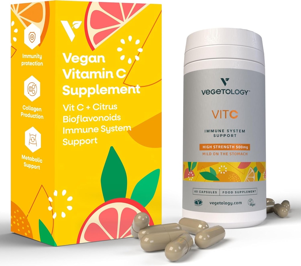 Vegāns C vitamīna piedevas – VIT C + Citrus Bioflavonoids – Vitamīni un veselības bagātinātāji – Dienas piedevas (60 kapsulas) – C vitamīna 500 mg kapsulas – Antioksidanti Papildinājums