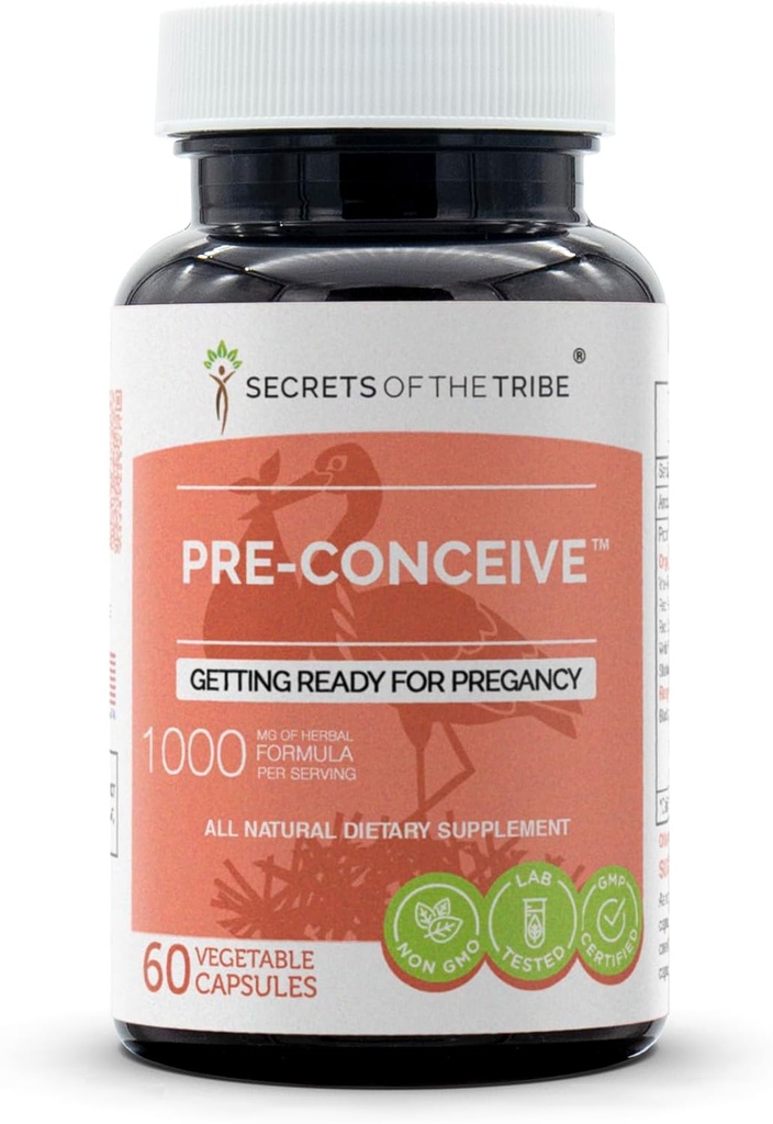 Secrets of the Tribe Pre-Conceive, 60 kapsulas, 1000 mg, Vitex, Red Avenes, Black Cohosh, Red Clover, White Peony, Shatavari. Sagatavošanās lietošanai 60 kapsulas