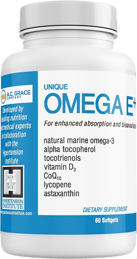 UNIQUE E A.C. Grace Company Omega E+ - Zivju eļļas papildinājums - ar jūras omega-3 taukskābēm, E vitamīnu, D3 vitamīnu un CoQ10 - palīdz uzturēt sirds, smadzenes un ādas veselību - 60 Softgels