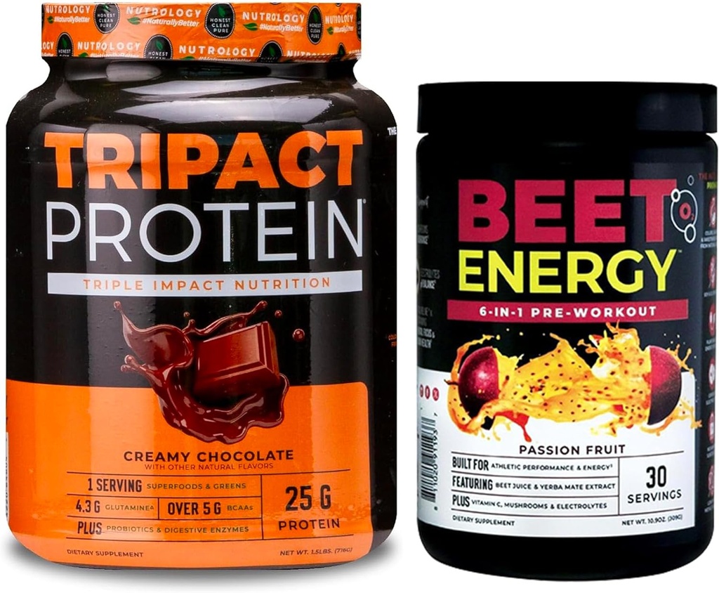 Nutrology Beet Natural O2, Pre Workout pulveris, Passion Fruit Flavor (30 Kalpo) TRIPACT Protein Pulveris, 7-in-1 Ēdienreizes nomaiņa Shake, Krēmja Šokolādes Flavor (20 Kalpo)