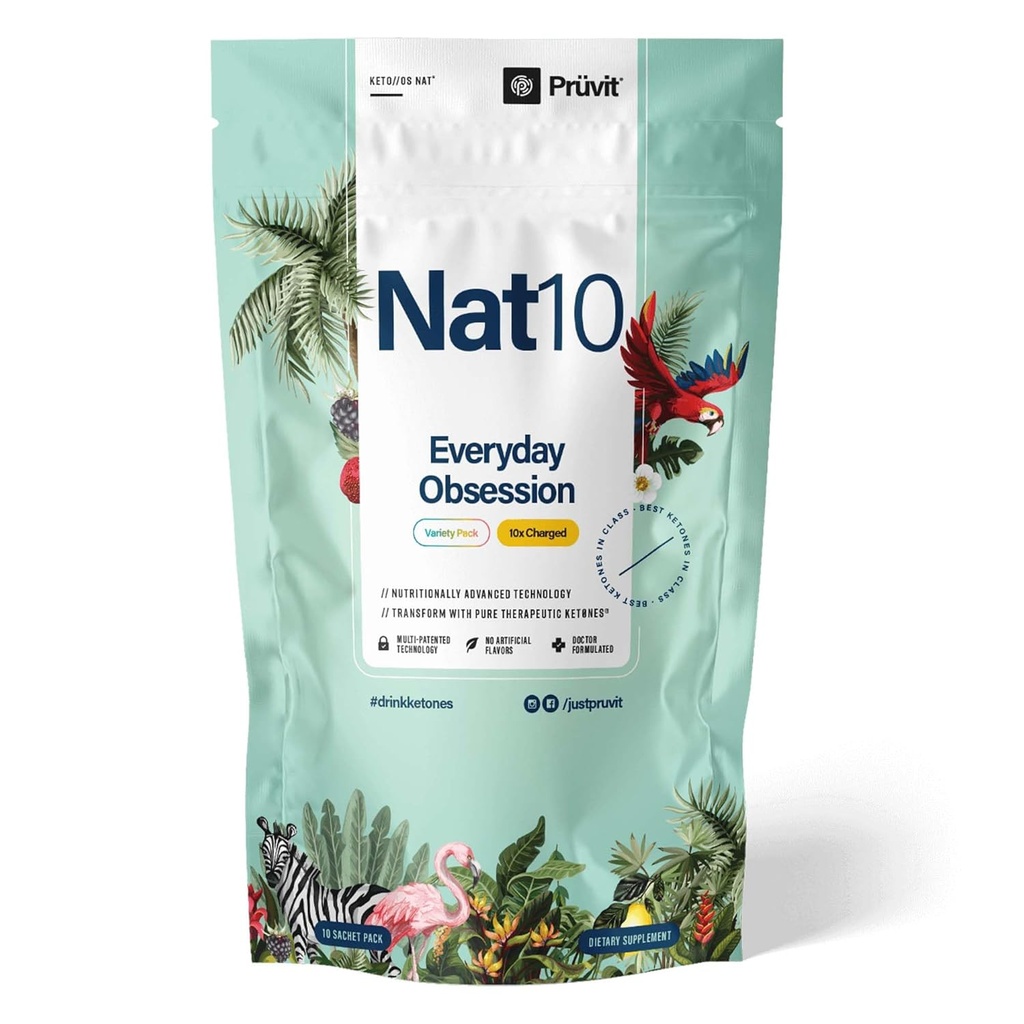 Pruvit - KETO//OS NAT Ikdienas apsēstība Nat10 Variety Pack - Uzlabot smadzeņu skaidrību, Boost Enerģija - 10 x Maksas paketes