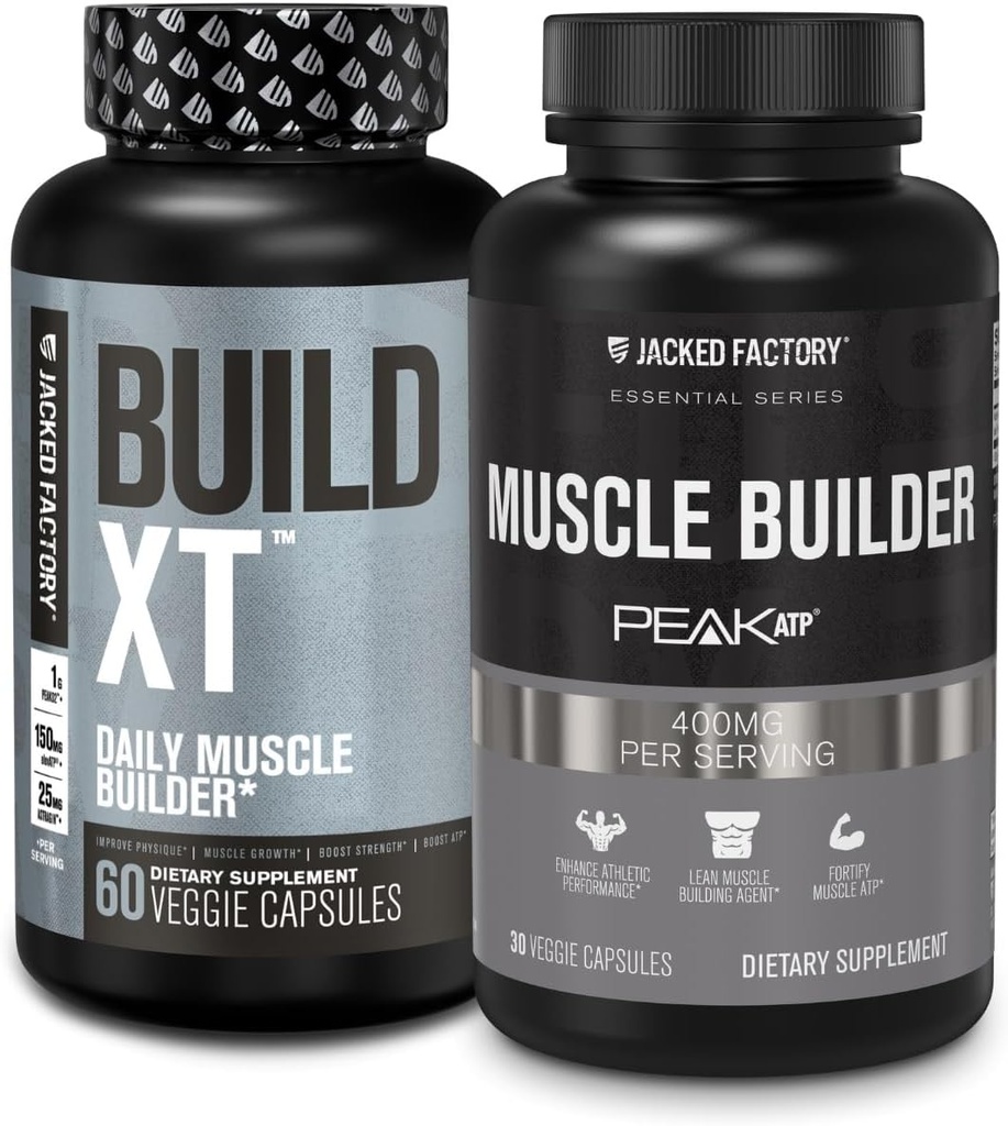 Jacked Factory Build-XT Daily Muskuļu celtnieks un veiktspējas uzlabotājs (60 kapsulas) & Essentials Muskuļu veidošanas papildinājums stiprumam un izaugsmei (30 kapsulas)