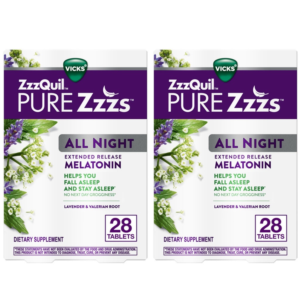 ZzzQuil Pure Zzzs visa nakts pagarināta izlaišana, melatonīna tabletes miega palīglīdzeklī, palīdz Jums palikt miegam ilgāk pieaugušajiem, 2 mg tabletē, 56 tabletes kopā (2 iepakojumi pa 28)