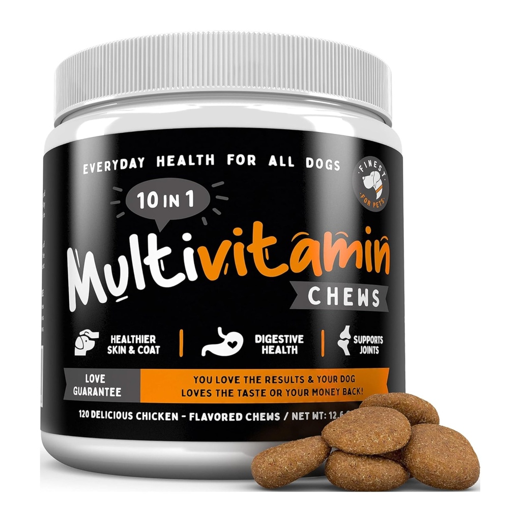 Sliktākais lolojumdzīvniekiem Multivitamīnu Suņu Papildinājums – 10 in 1 ar Omega Zivju eļļa un glikozamīns Uzlabota locītavu un ādas atbalsts, Gut, Gremošanas un Imūnās Ikdienas Veselības (120 Košļājamie Ārsti)