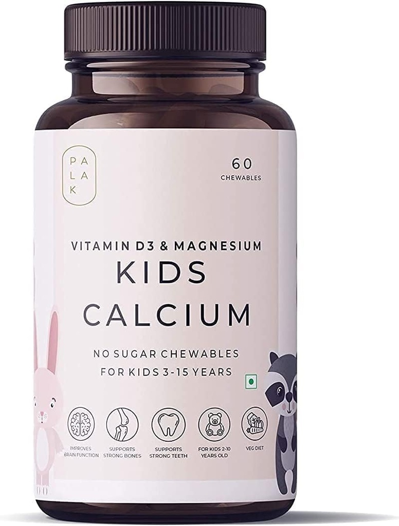 Verem Palak Piezīmes: Kids Kalcijs ar vitamīnu D3, K2 un magniju -- Nē Košļājamie cukurs -- 60 košļājamās vielas