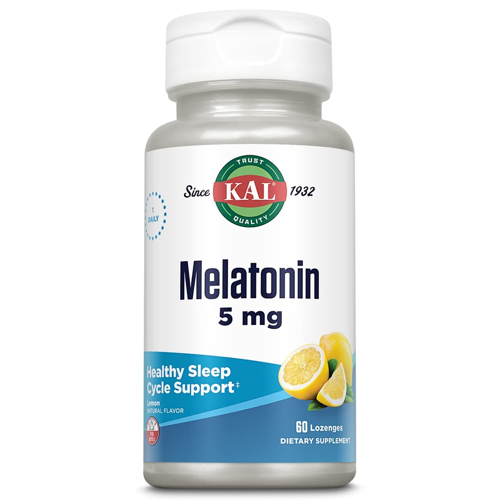 KAL Melatonīns 5mg Miega palīglīdzeklis Lozenges, Melatonīns Papildinājums Atbalsta Miega Kvalitāte, Kaļķošanas Relaksācija un Veselīgs Miega Cikls, Ar Pievienotu Vitamīnu B6, Veģetārietis, Dabas Lemon Flavor, 60 Lozenges