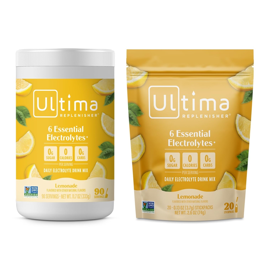 Ultima Paplēninātājs Elektrolītu pulveris Dzēriens Sajauc Bundle – Bez cukura – Lemonāde, 90 Kalpo kannas un 20 Iepakojumi – 6 Elektrolīti un minerāli – Keto Friendly, Vegan, Non-GMO