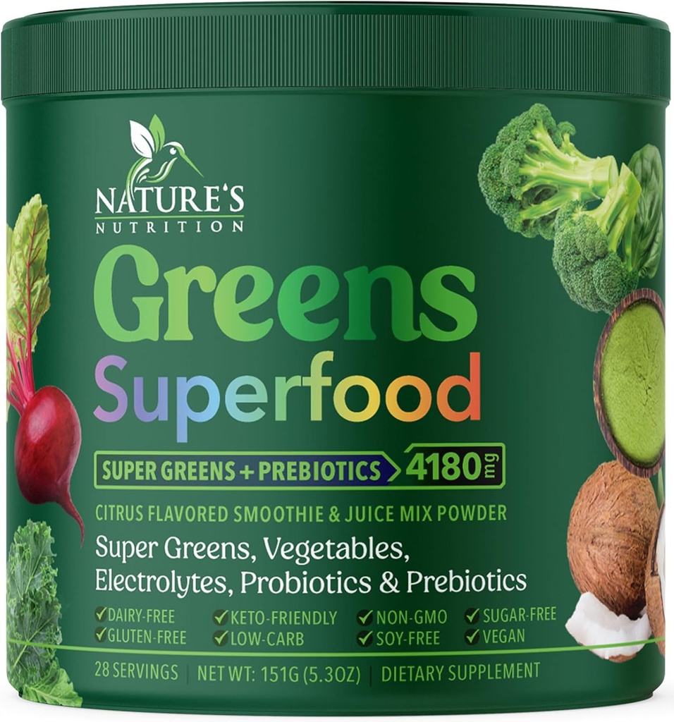 Zaļš pulveris Superfood - Premium Organic Super Greens sulas pulveris - iepakots ar probiotikām, kviešu zāli, enzīmiem, spirulīnu, hlorellu pret gremošanas un zarnu veselību, Gludināšanas dzērienu maisījums - 28 Kalpojumi