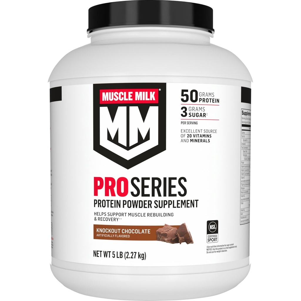 Muscle Milk Pro Series Protein Pulvera papildinājums, Knockout Šokolāde, 5 mārciņa, 28 Servējumi, 50g Olbaltumvielas, 3g Cukura, 20 Vitamīni un minerālvielas, NSF Sertificēts sportam, Workout Recovery