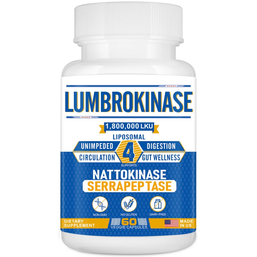 Liposomālā lumbrokināze Nattokināzes Serapeptāzes komplekss, Lumbrokināzes papildinājums cirkulācijai Sirds veselība un Gremošana, 60 kapsulas