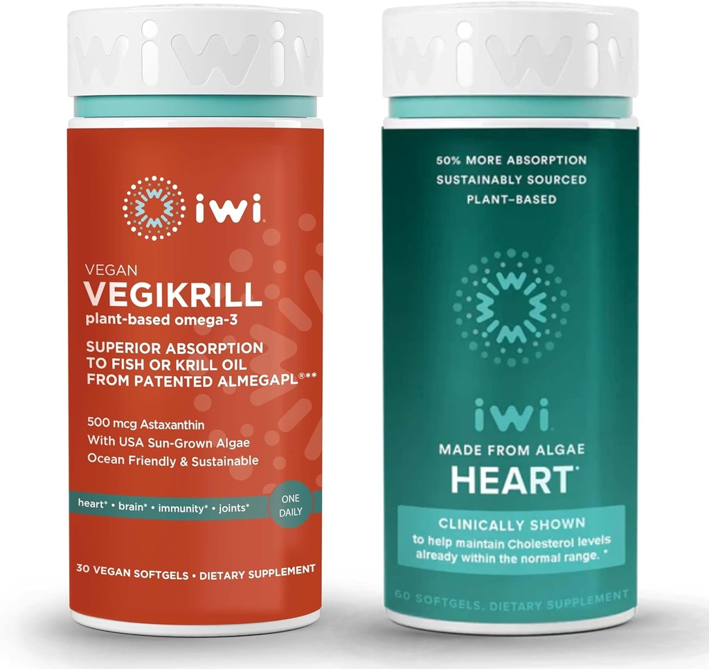 iwi Life Vegikrill & Heart Omega-3 paka, 30 Kalpojumi, Vegan augu bāzes Aļģe Omega 3, Krila un zivju eļļa Alternatīva, Nav zivju pēcgarša