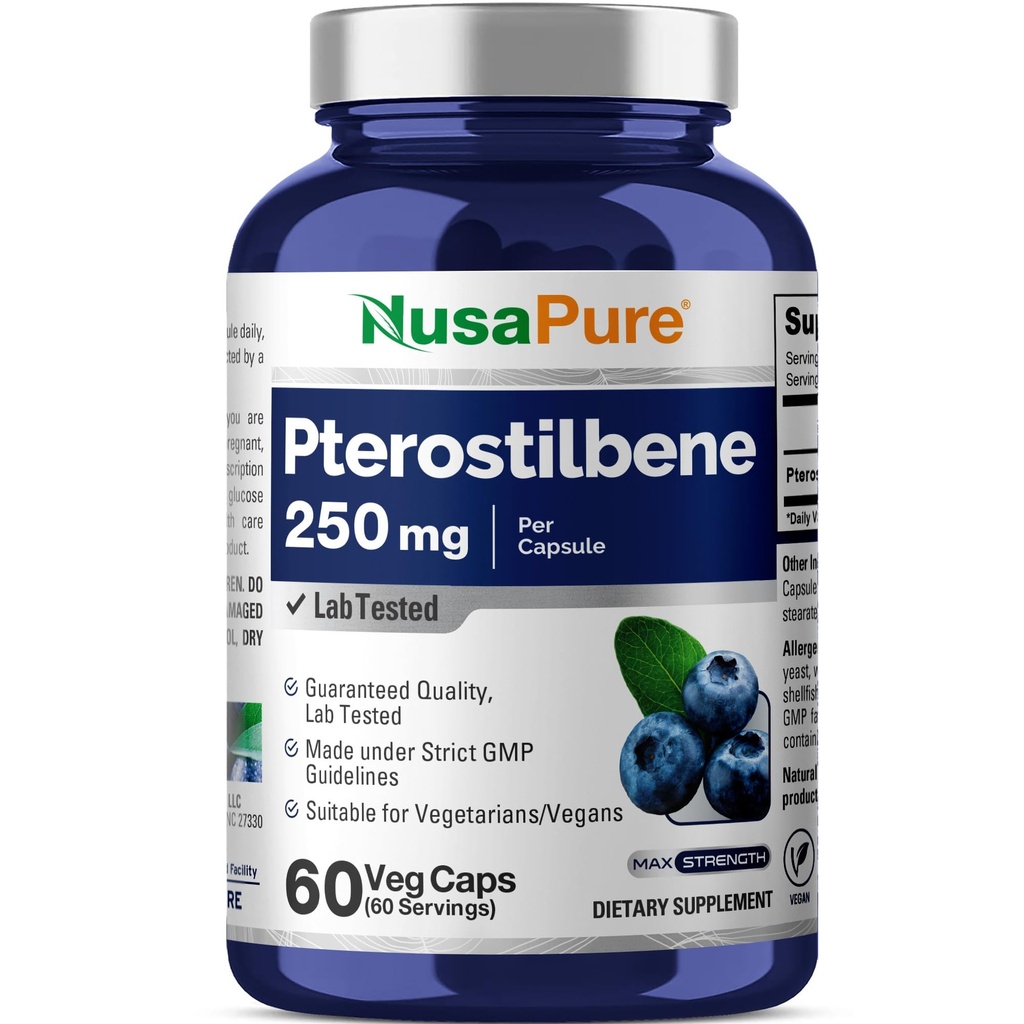 NusaPure Pterostilbene 250mg uz Veggie Caps, 60 grāvis (Ne-GMO, Vegan)