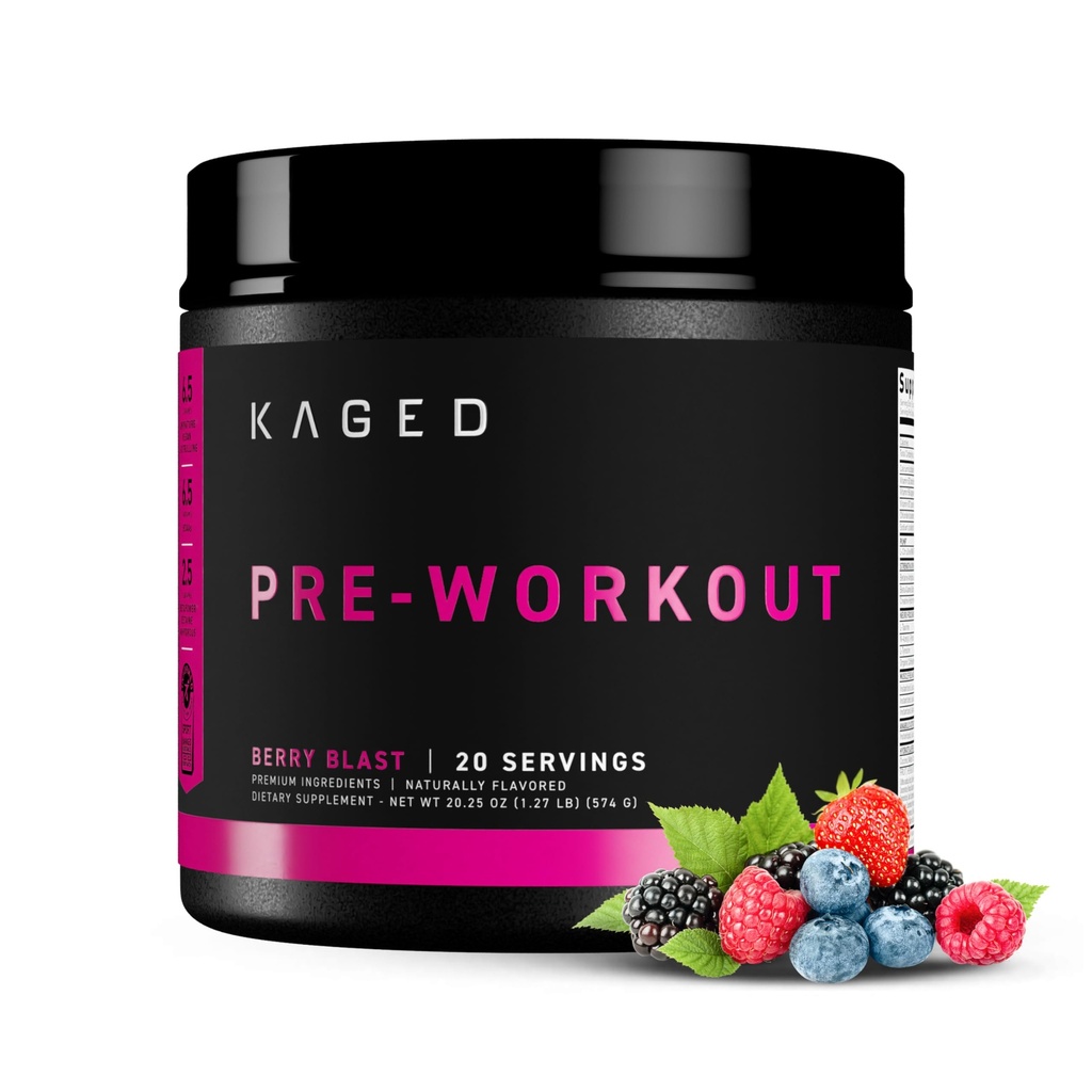 Kaged Original Pre Workout Powder ; Berry Blast ; Pre-workout with Creatine, Beta Alanine, L-Citrulline, BCAAs; 274 mg Organiskais kofeīns; Pirms papildinājumi vīriešiem un sievietēm; 20 Kalpo