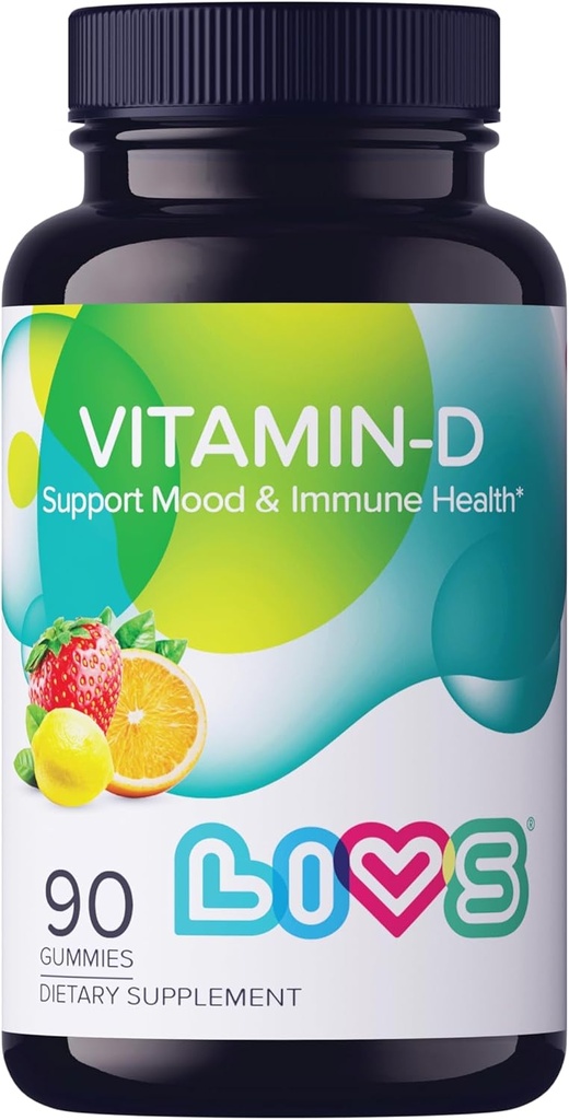 LIVS D3 vitamīns Gummies 2000 SV sievietēm un vīriešiem – Vegan D3 vitamīns Papildinājums kauliem, zobiem un imūnsupport – Košļājami D vitamīna Gumies ar dabas citronu Berry & org Flavor – 90 Ct