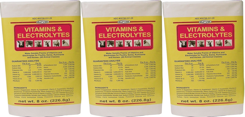 (3 iepakojumi) DURVET 136028 vitamīni un elektrolīti, 8 oz3