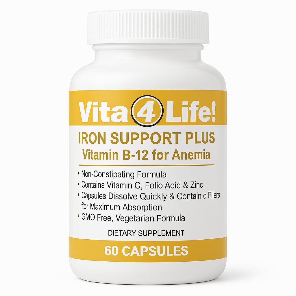 Vita4Life!® Iron Support Plus - 40mg Dzelzs ar C vitamīnu, B-12, Folijskābe un cinks - 60 kapsulas - Bezkontakta formula sarkano asins šūnu atbalstam un enerģijai - Veģetārs un bez ĢMO