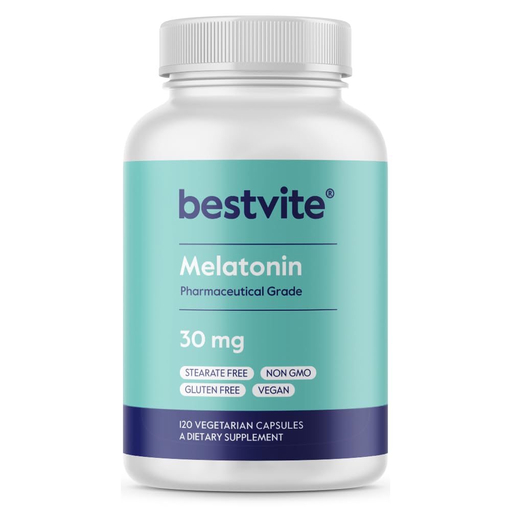 BESTVITE Melatonīns 30 mg (120 Veģetārās kapsulas) - Nē Stearāti - Vegans - neĢMO - Bez lipekļa - Augstas Melatonīna devas