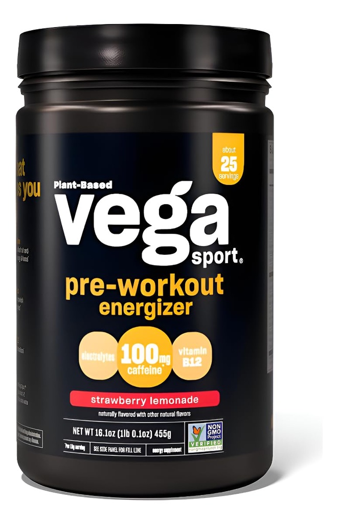 Vega Sports Pirmsstrādāšanas enerģija, zemeņu citronāde - pirms treniņa pulveris sievietēm un vīriešiem, atbalsta enerģiju un fokusu, elektrolīti, vegans, Keto, bez glutēna, ne ĢMO, 1.1 mārciņas