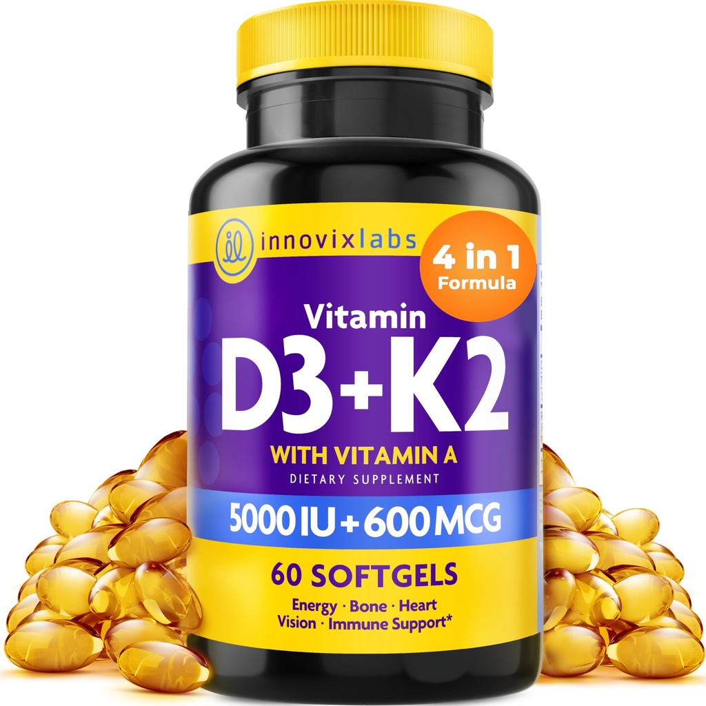 InnovixLabs D3 vitamīns K2-5000 SV D3 vitamīns Plus 600 μg K2 vitamīns MK4 un MK7 Max kalcija absorbcijai, atbalsta kaulus, imūno sistēmu, sirds veselību, 3. partiju pārbaudīts, nesatur lipekli, 60 softgelus