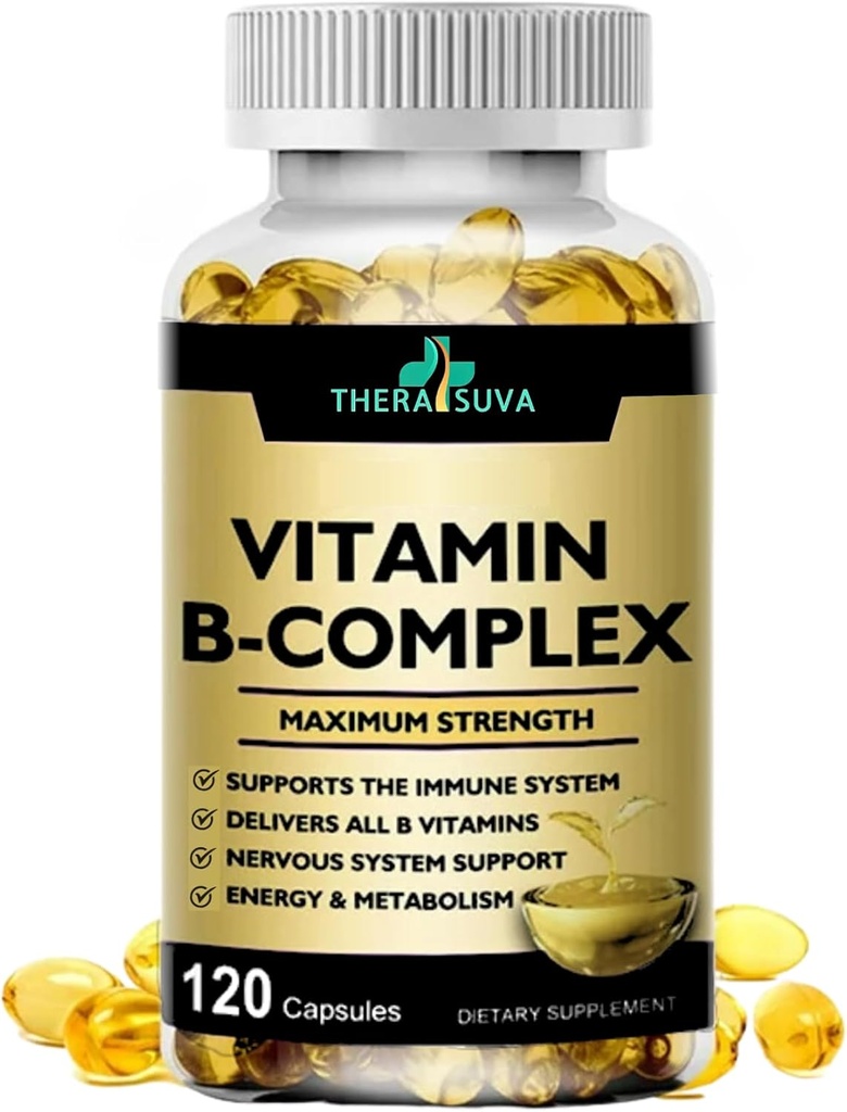 Max Strength vitamīns B-Complex + CoQ10 + vitamīns C – augstas potences dabas papildinājums enerģijai un vielmaiņas atbalstam – 120 softgels, 60 dienu piegādes