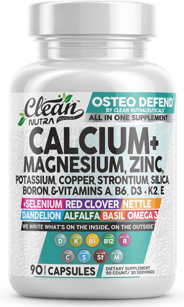 Allīns1 Kalcija magnija cinka papildinājums ar kāliju, varu, stronciju, silīciju, vitamīnu D3 K2, Boronu, vitamīnu B1 B12 Sarkanais āboliņš Herb Alfalfa Bazilika tabletes vīriešiem un sievietēm Tīrs Nutra Osteo Aizstāvēt