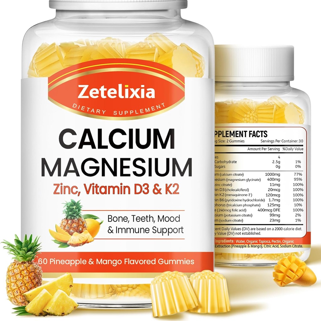 Kalcija Gumijas sievietēm vīriešiem, kalcija magnija cinka ar vitamīnu D3 & K2, kalcija magnija papildinājums B0nes Muskuļi, ananass un Mango Flavor - 120 Skaits