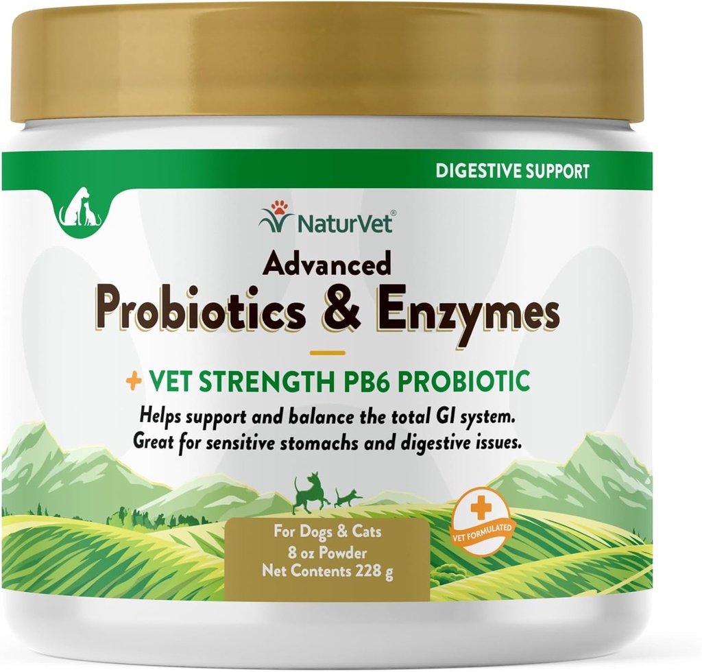 NaturVet – Advanced Probiotics & Fermenti - Plus Vet Strength PB6 Probiotikas ; Atbalsts un balansi Mājdzīvnieki ar jūtīgiem kuņģa un gremošanas problēmas ; suņiem un kaķiem (8 oz)