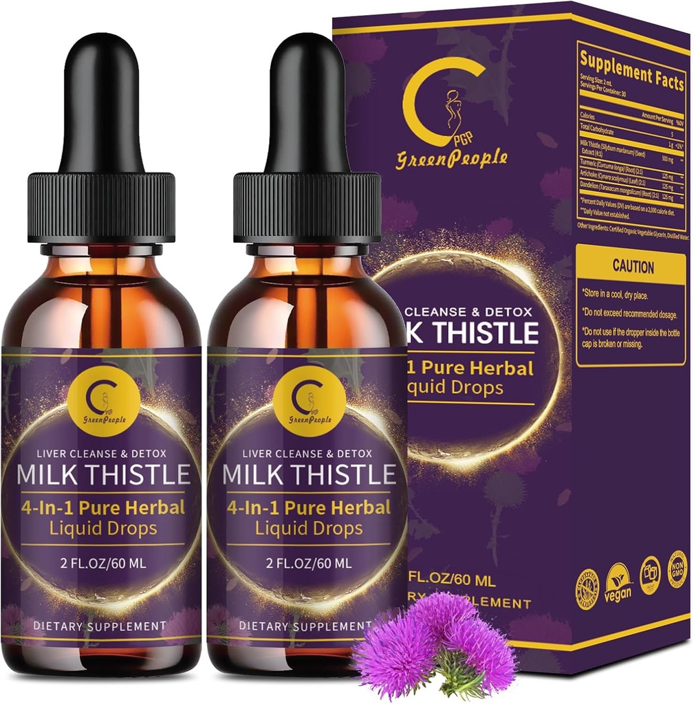 (2 Iepakojums) Piena Thattle Šķidrums Pilieni Aknu tīrīt Detox & Remonts, Piena Thattle Papildinājums ar Dandelion Sakni, Artichoke & Turmeric aknu atbalsta un imūno veselību, Vegan, Non-GMO, 4 FL OZ