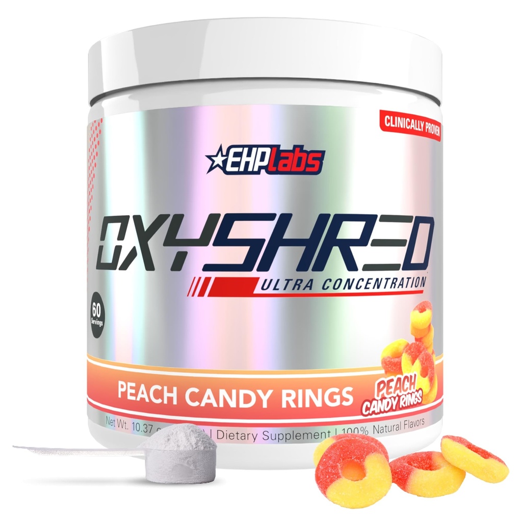 EHP Labs OxyShred Pre Workout Pulveris - Preworkout Pulveris ar L Glutamine & Acetyl L karnitīns, Enerģijas Boost Drink - Persiku Candy Rings, 60 Pasniedz