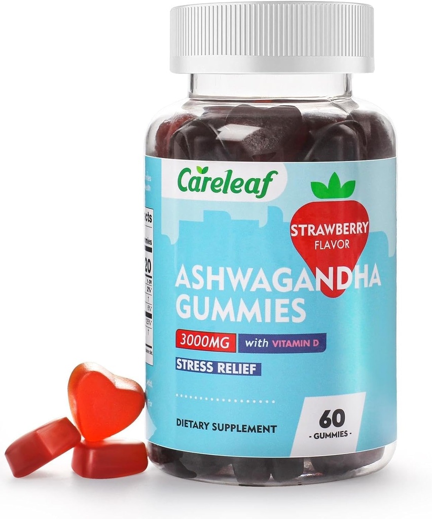 Vegan Ashwagandha Gummies-3000mg High Potency Ashwagandha Saknes ekstrakts ar vitamīnu D2 - -- Zemenes Flavor - 60 Cts/Bottle