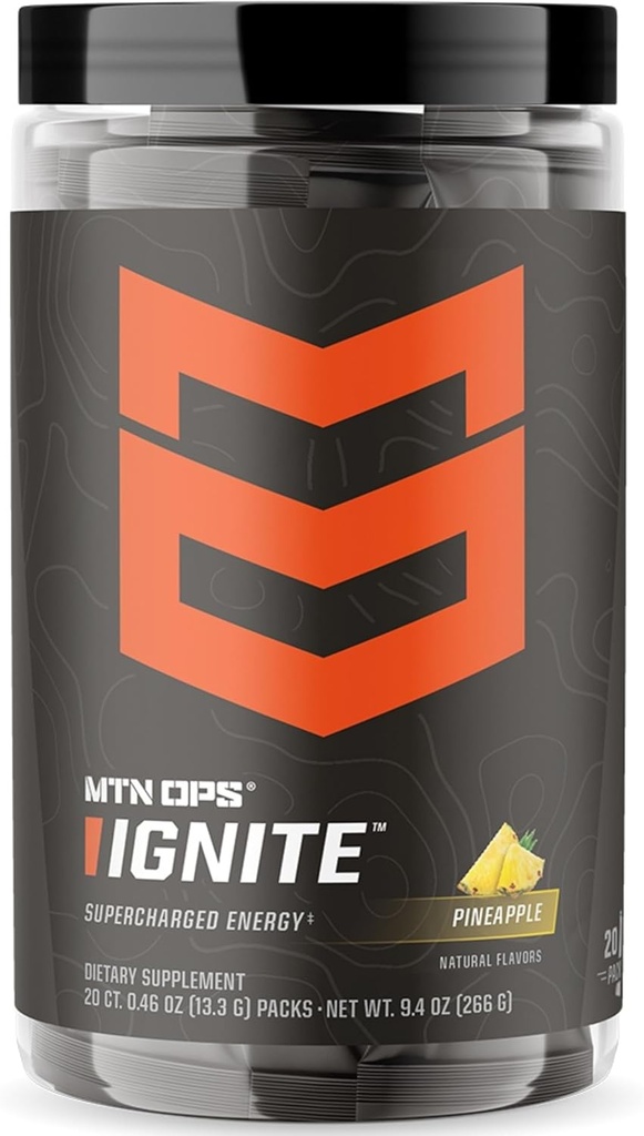 MTN OPS Ignite Paciņas Iepakojumi Enerģijas dzērieni Pulveris, bez lipekļa Nootropais papildinājums Dzērienu maisījums, L Arginīns, L Citrulīns, Kofeīns un Nootropais bezcukuru maisījums, 20 Pasniedzieni, Ananāsu suka