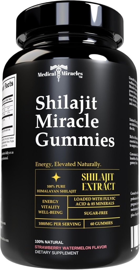 Medicīnas brīnumi Shilajit Gumies - 1000mg Pure Himalayan Extract w/Fulvic Acid, Vegan, bezcukura, augstas potences. Enerģija un imunitāte Atbalsts ar vairāk nekā 84 minerālvielām. 60 Delicious Gumies