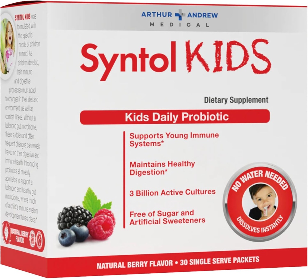 Arthur Andrew Medical, Syntol Kids, Daily Probiotic Papildinājums gremošanas veselības un jauno imūno sistēmu, Nav cukura vai mākslīgā saldinātāji, Berry Flavor, Vegan, 30 Maisījumi