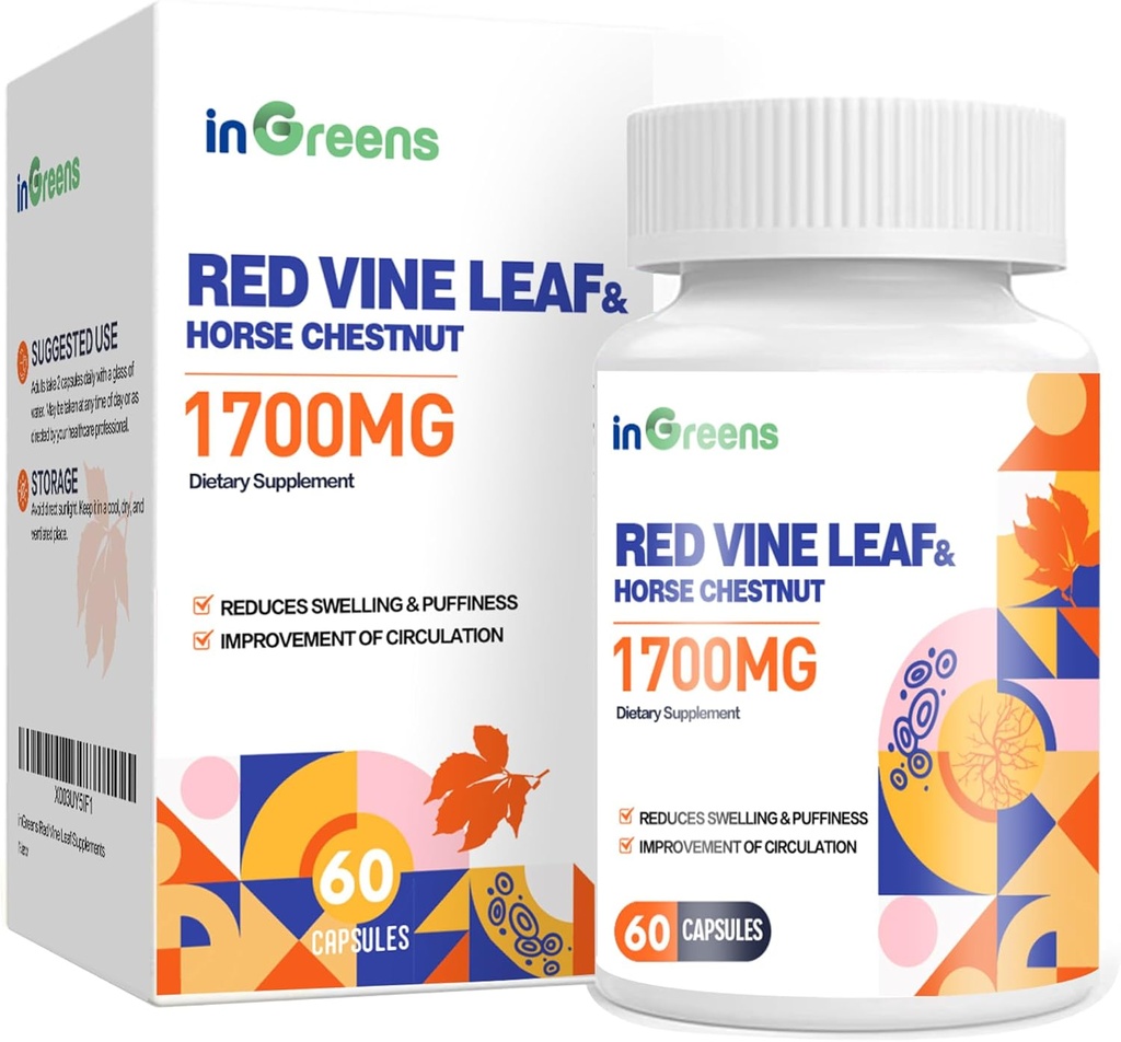 Red Vine Leaf ekstrakts 1700mg & Horse Kastaņa ekstrakta piedevas, atbalsta vein, ādas veselību, cirkulācija kājām(1Pack)