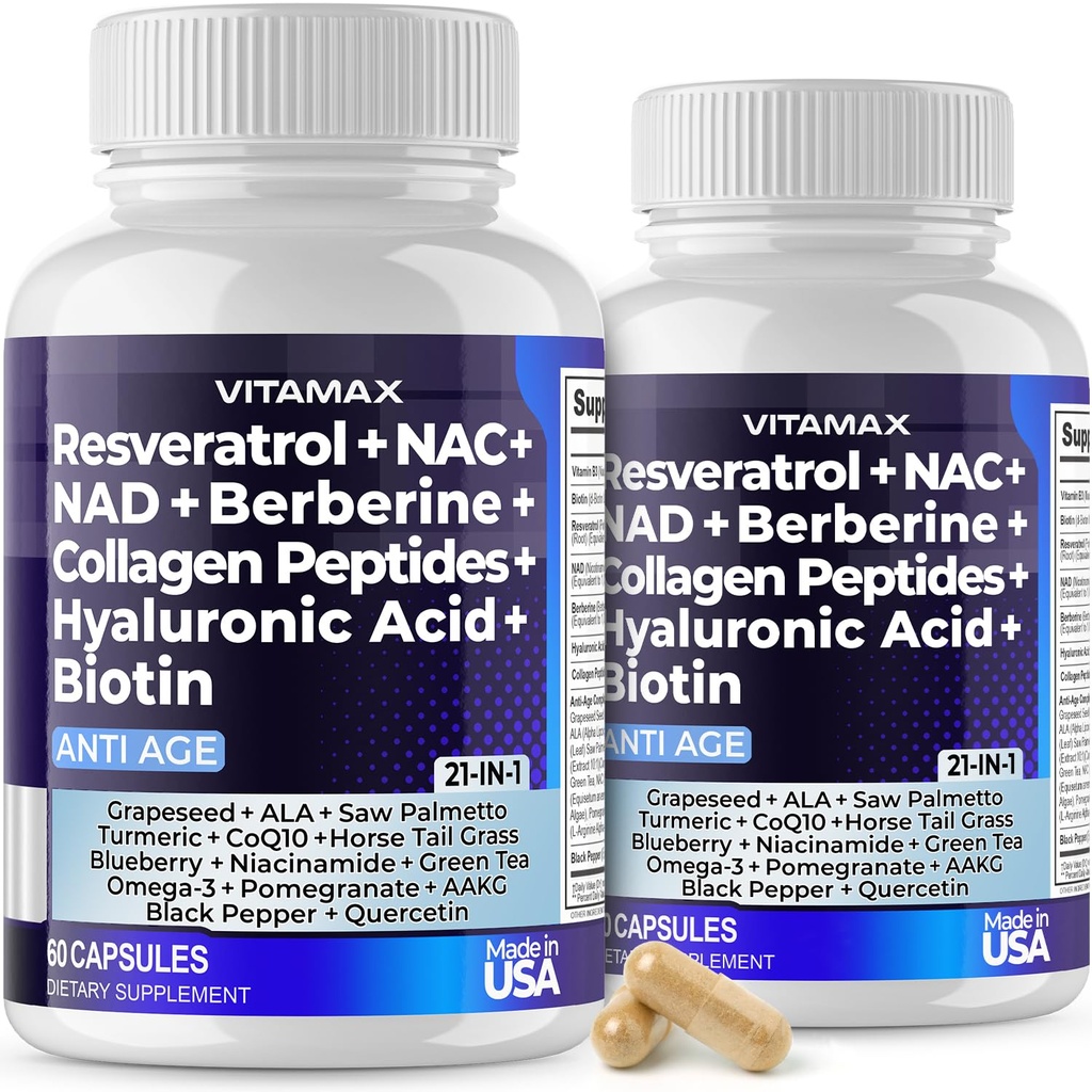 Vitamax Resveratrol NAD+ Berberine Hyaluronic Acid - Biotin Vīnogas un zilenes + NAC - Kolagēna peptīdi - Matu, nagu, ādas un locītavu papildinājums - 21-in-1 Sievietes un vīrieši - Ražots ASV - 120 Count