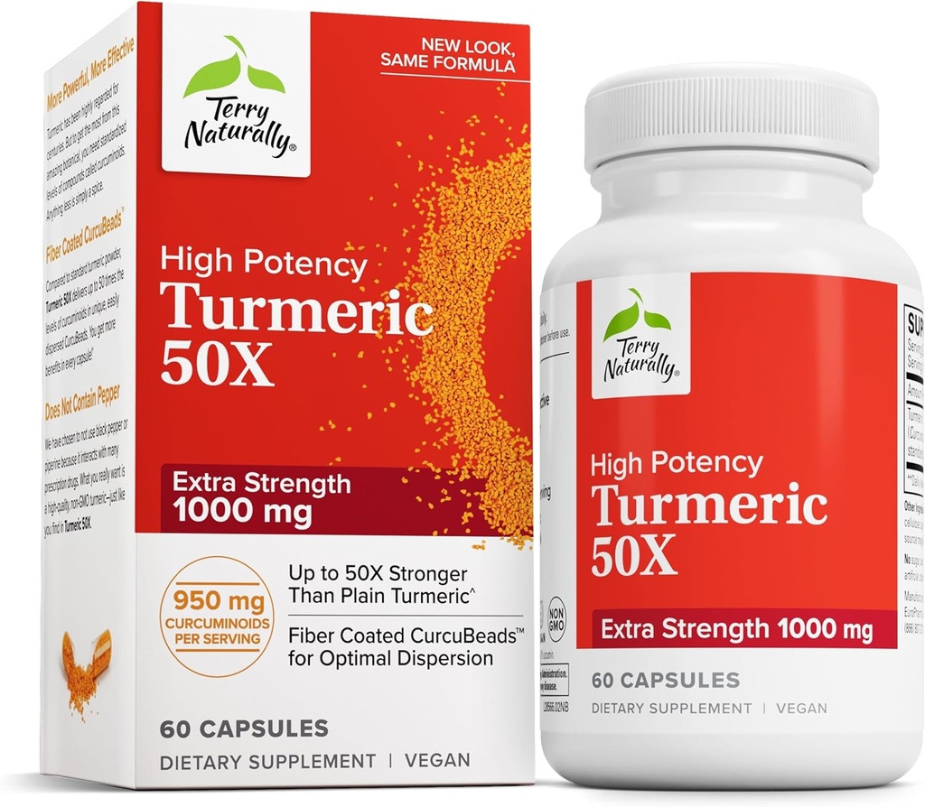 Terry Dabīgi Turmeric 50X - Diētiskā papildinājums smadzeņu un sirds veselības atbalsts - Papildu spēks Turmeric, lai palīdzētu Imūnās veselības - Non-GMO papildinājums - 60 kapsulas