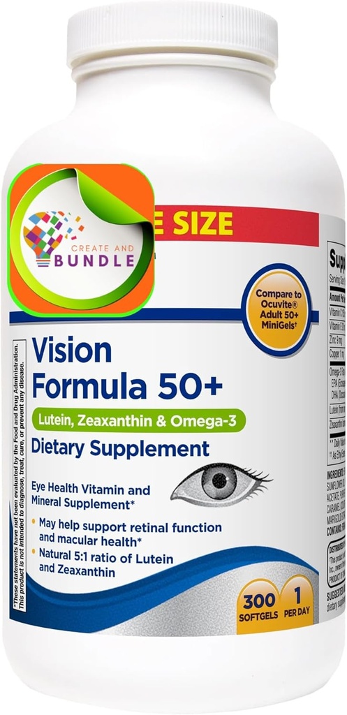 Equate Vision Formula 50+ luteīns, Zeaxanthin & Omega-3, 300 softgeli + Izveidot uzlīmes