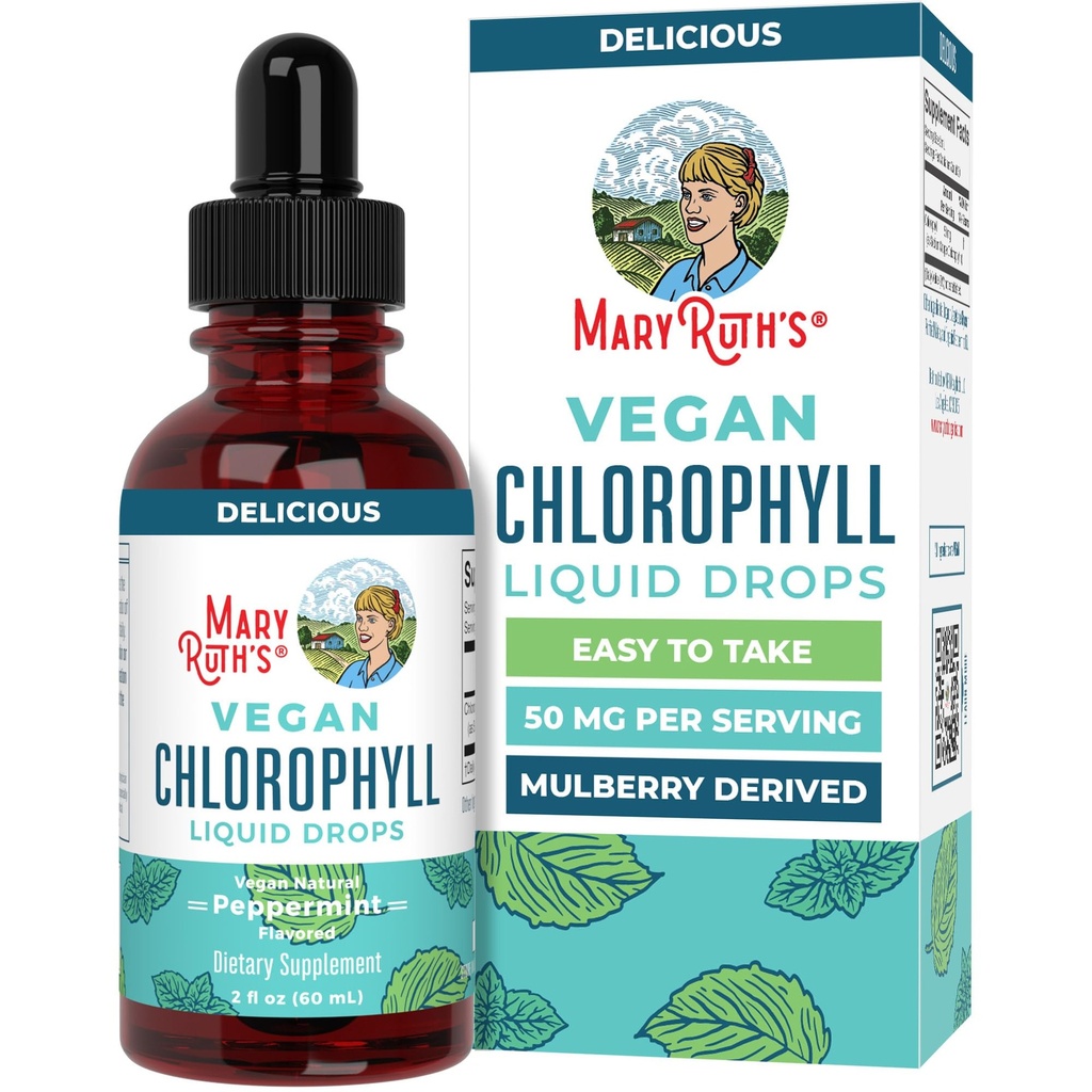 MaryRuth Organics Hlorofila šķidrie pilieni ; Tīra etiķete Project Sertificēts®; Vegan; Neatšķaidīts Šķidrais hlorofils; Mulberry Atvasināts papildinājums 14+; Ne-GMO; Delicious Minty Flavor; 2 Fl Oz