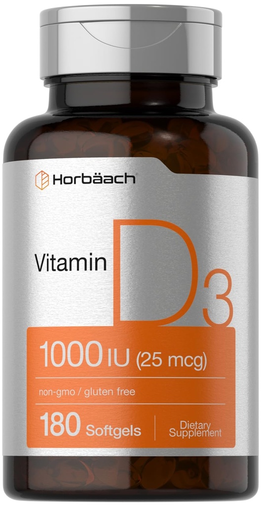 Horbäach vitamīns D3 1000IU (25mcg) Softgels - 180 Grāfis - Augstas potences formula - Bez GMO un lipekļa piedevas