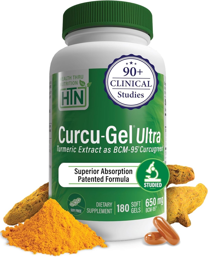 Veselības Thru Nutrition Curcu-Gel 650mg BCM-95® CurcuGreen Kurkumīns - Augsta Absorbcija -- Veselīga iekaisuma reakcija - klīniski pētīts -- 3 Partiju pārbaudīts - Ne-GMO (180 iepakojums)
