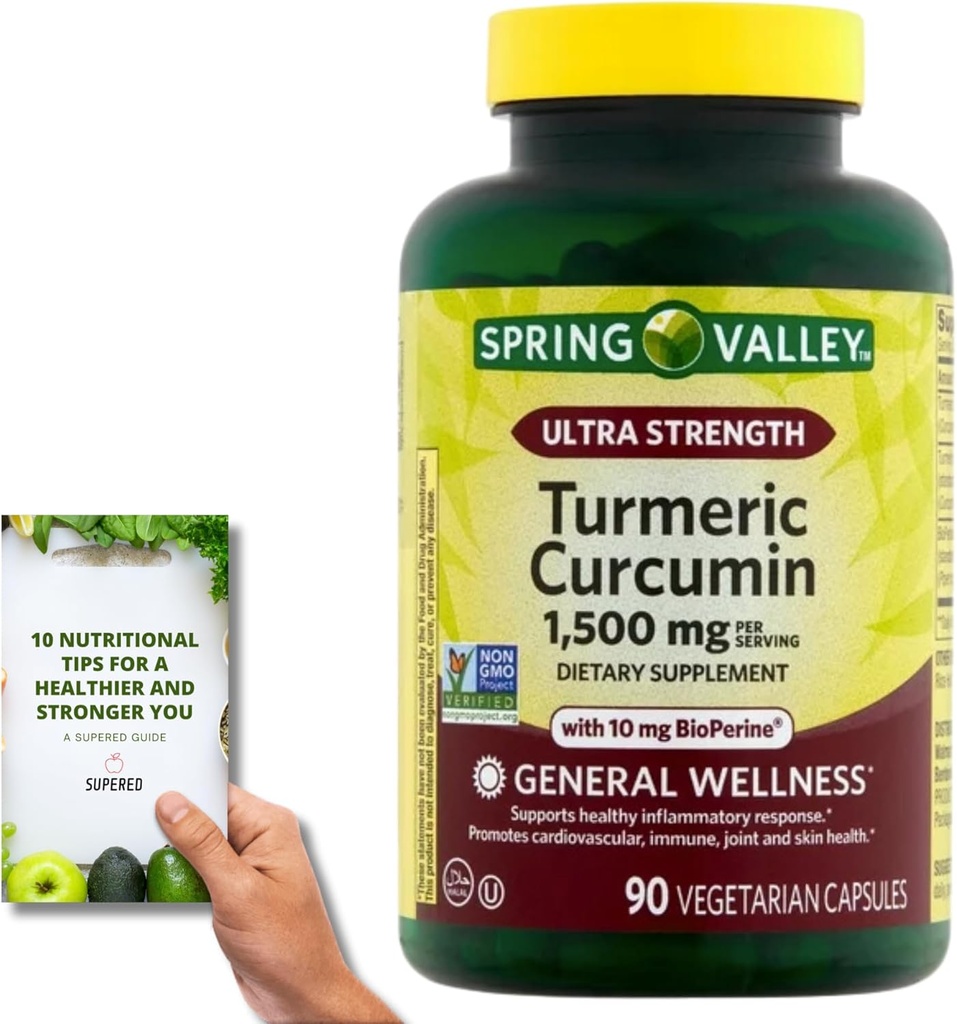 SupeRed Spring Valley Turmeric Curcumin Ultra spēks - 90 Skaits, 1500 mg Vegeterian kapsulas - Ietver Nutritonal Guide' (2 Vienības)
