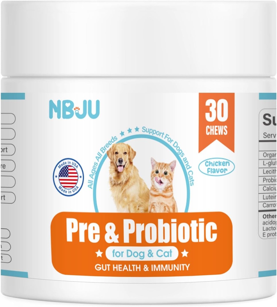 NBJU Probiotikas suņiem Kaķu probiotikas Chews Atbalsts Gut Veselība, Imunitāte Veselība, Caureja, Gremošanas Veselība & Sezonas Alerģijas - Vistas Flavor - 30 Chews Prebiotikas un probiotikas