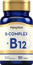 Piping rock B vitamīnu komplekss    - 180 tabletes - ar B12 - Veģetārs, ne-GMO, bez sojas Papildinājums