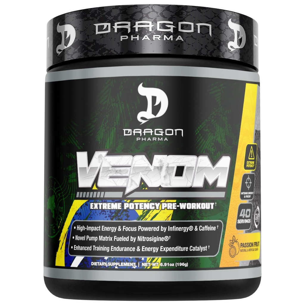 DRAGON PHARMA Venom Extreme potencial Pre-Workout, Laser Sharp Focus + enerģija, Intensīva veiktspēja, pierādītas sastāvdaļas pastiprinātai vazodilatācijai un izturībai (40 Kalpo, Passion Fruit)