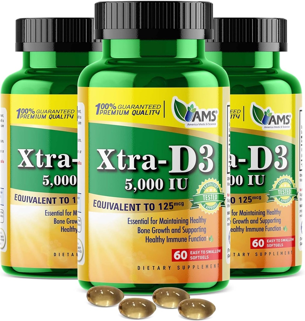 America Medic & Science Xtra D3 D vitamīns 5 000 SV (125 μg) Holekalciferols Papildinājums vīriešiem un sievietēm (180Viegla norīšana Softgelsa) 3pack