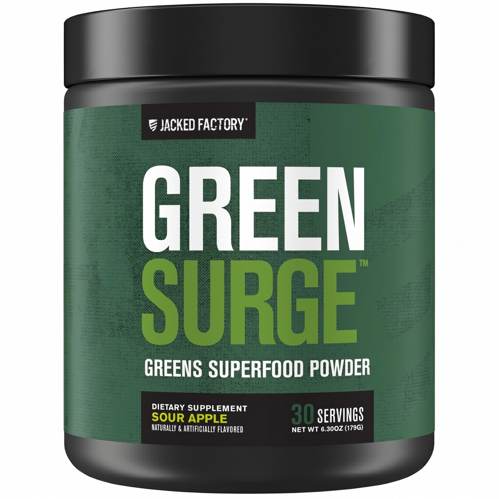 Jacked Factory Green Surge Green Superfood Powder- Keto Friendly Greens Dzēriens w/Spirulina, Kvieši un mieži Zāle, Organiskie Zaļie - Zaļās tējas ekstrakts, probiotikas un gremošanas enzīmi - Skābo ābolu
